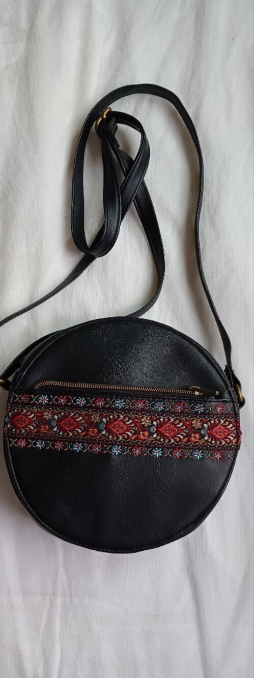 Black Round Crossbody Bag with Embroidered Accent